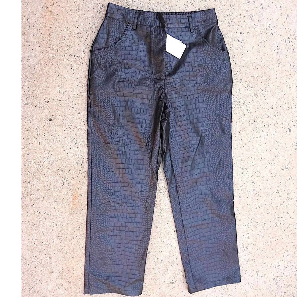 Skies Are Blue Croc Embossed Faux Leather Pants Black High Waist Small NWT